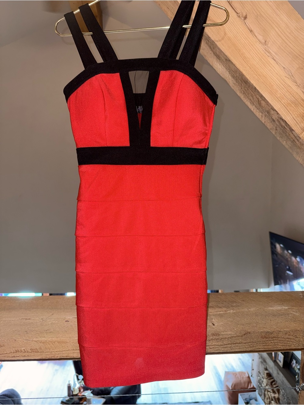 Red Mini Bandage Dress with Black Accents - Women's